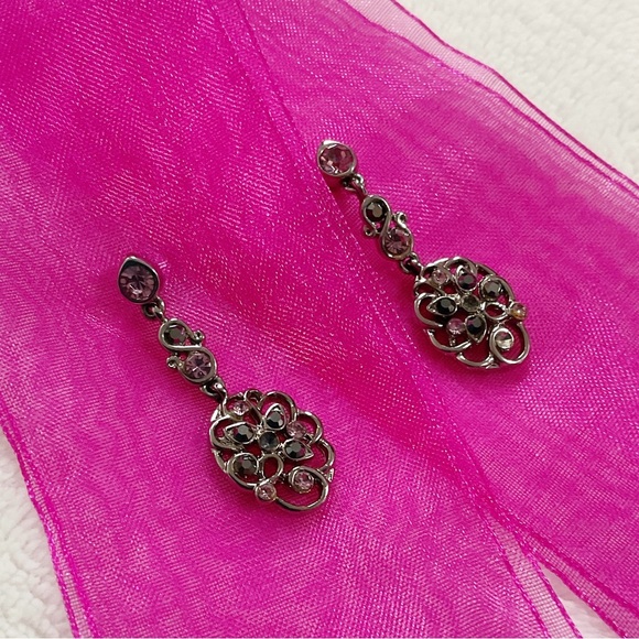 Vintage Liz Claiborne Drop Earrings Silver Tone Filigree Rhinestones Signed LC - Picture 1 of 13